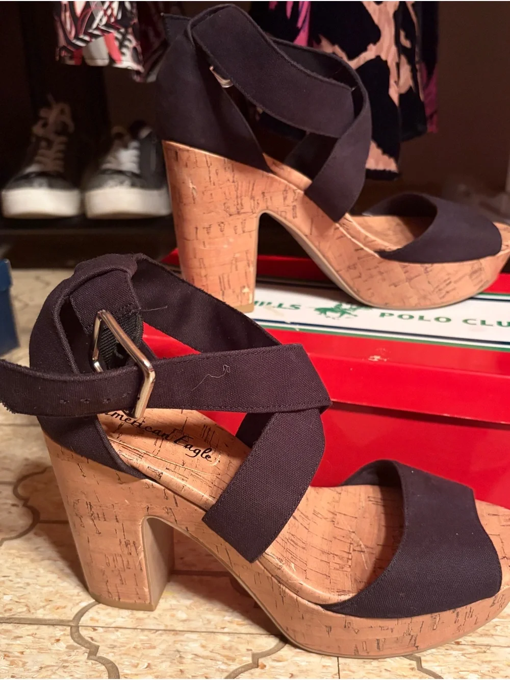 American Eagle Cork Platform with Black Fabric Crisscross strap Sandals